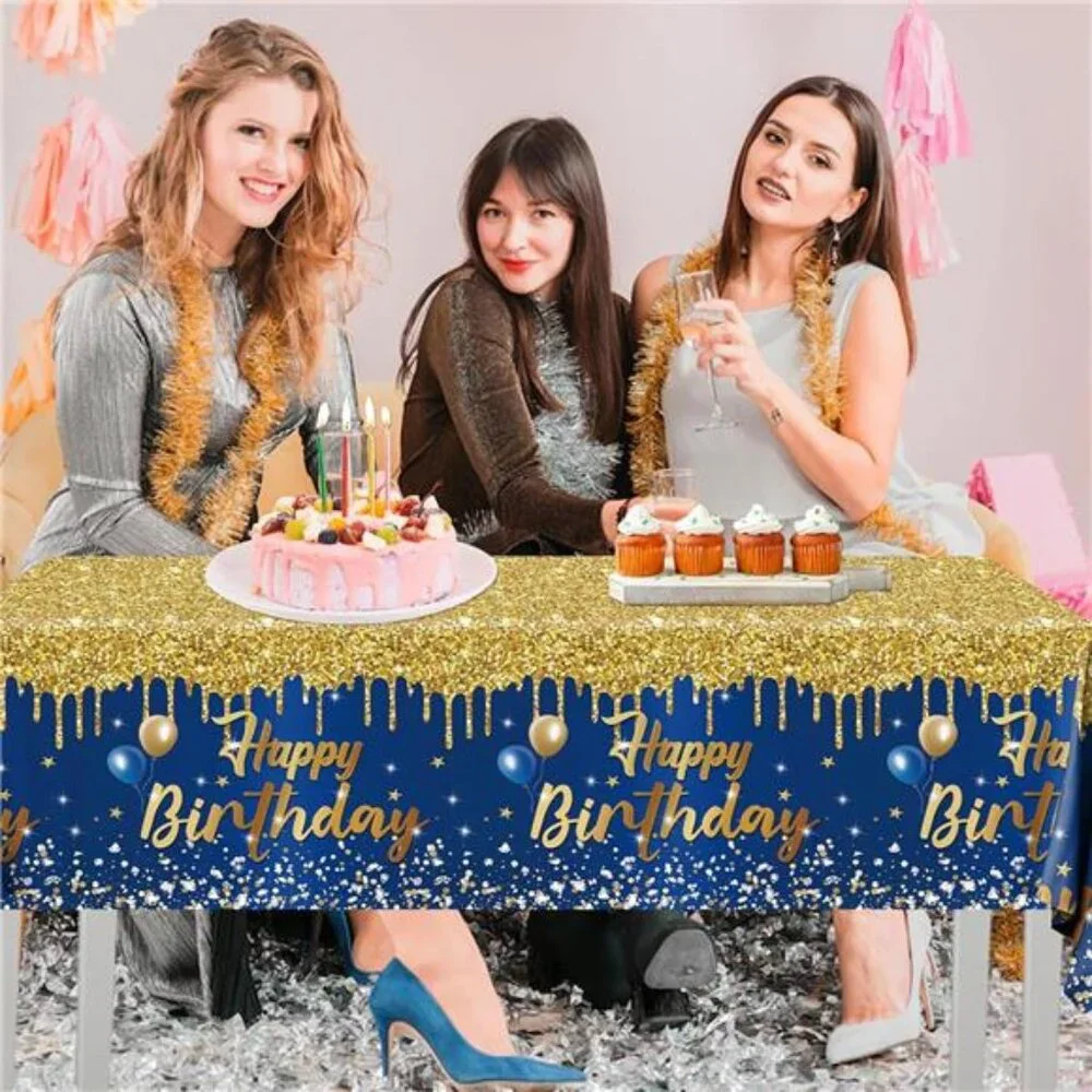 Happy Birthday Tablecloth 3 Pack Navy Blue Gold Party Table Covers for Adults